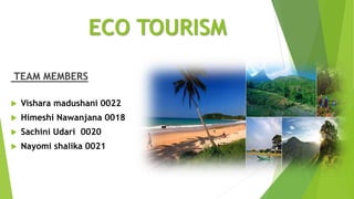 ECO TOURISM
TEAM MEMBERS
 Vishara madushani 0022
 Himeshi Nawanjana 0018
 Sachini Udari 0020
 Nayomi shalika 0021
 