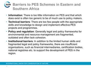 18
INTERNATIONAL UNION FOR CONSERVATION OF NATURE
Barriers to PES Schemes in Eastern and
Southern Africa
• Information: There is too little information on PES and that which
does exist is often too generic to be of much use to policy makers.
• Technical barriers: There are too few people with the appropriate
skills and knowledge to design and implement effective PES
projects and programmes.
• Policy and regulation: Generally legal and policy frameworks for
environmental and resource management are fragmented,
outdated and often lack cohesion.
• Institutional barriers: In addition to the limited human skills and
fragmented legal and policy frameworks, there are insufficient
organisations, such as financial intermediaries, certification bodies,
national registries etc. to support the development of PES in the
region.
 