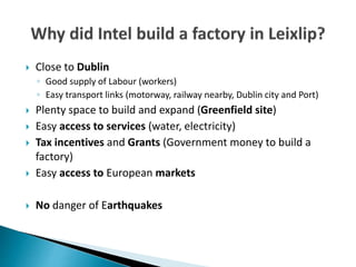  Close to Dublin
◦ Good supply of Labour (workers)
◦ Easy transport links (motorway, railway nearby, Dublin city and Port)
 Plenty space to build and expand (Greenfield site)
 Easy access to services (water, electricity)
 Tax incentives and Grants (Government money to build a
factory)
 Easy access to European markets
 No danger of Earthquakes
 