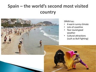 SPAIN has:
• A warm sunny climate
• Lots of coastline
• Year round good
weather
• Cultural attractions
(such as Bull Fighting)
 