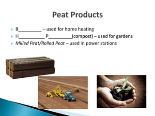  B_________ – used for home heating
 H__________ P_________(compost) – used for gardens
 Milled Peat/Rolled Peat – used in power stations
 