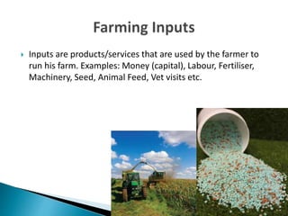  Inputs are products/services that are used by the farmer to
run his farm. Examples: Money (capital), Labour, Fertiliser,
Machinery, Seed, Animal Feed, Vet visits etc.
 