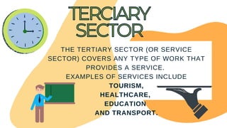 THE TERTIARY SECTOR (OR SERVICE
SECTOR) COVERS ANY TYPE OF WORK THAT
PROVIDES A SERVICE.
EXAMPLES OF SERVICES INCLUDE
TOURISM,
HEALTHCARE,
EDUCATION
AND TRANSPORT.
TERCIARY
TERCIARY
SECTOR
SECTOR
 