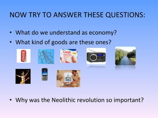 NOW TRY TO ANSWER THESE QUESTIONS: What do we understand as economy? What kind of goods are these ones? Why was the Neolithic revolution so important?  