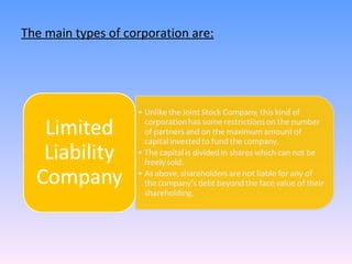 The main types of corporation are: 