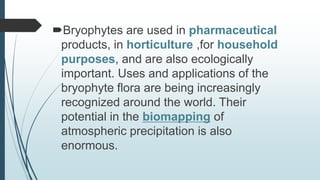 Bryophytes are used in pharmaceutical
 products, in horticulture ,for household
 purposes, and are also ecologically
 important. Uses and applications of the
 bryophyte flora are being increasingly
 recognized around the world. Their
 potential in the biomapping of
 atmospheric precipitation is also
 enormous.
 