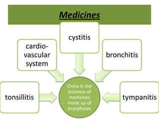 Medicines

                    cystitis
        cardio-
       vascular                   bronchitis
        system

                   China in the
                   business of
tonsillitis         medicines          tympanitis
                   made up of
                   bryophytes
 