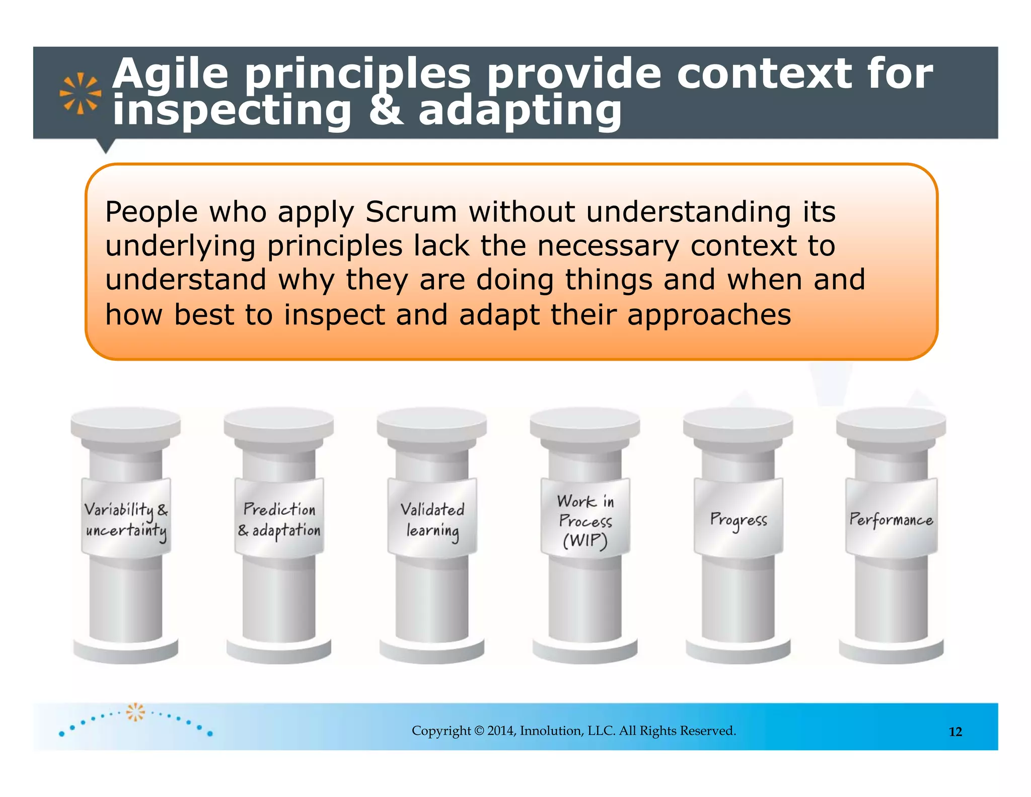 12
Agile principles provide context for
inspecting & adapting
Copyright © 2014, Innolution, LLC. All Rights Reserved.
People who apply Scrum without understanding its
underlying principles lack the necessary context to
understand why they are doing things and when and
how best to inspect and adapt their approaches
 