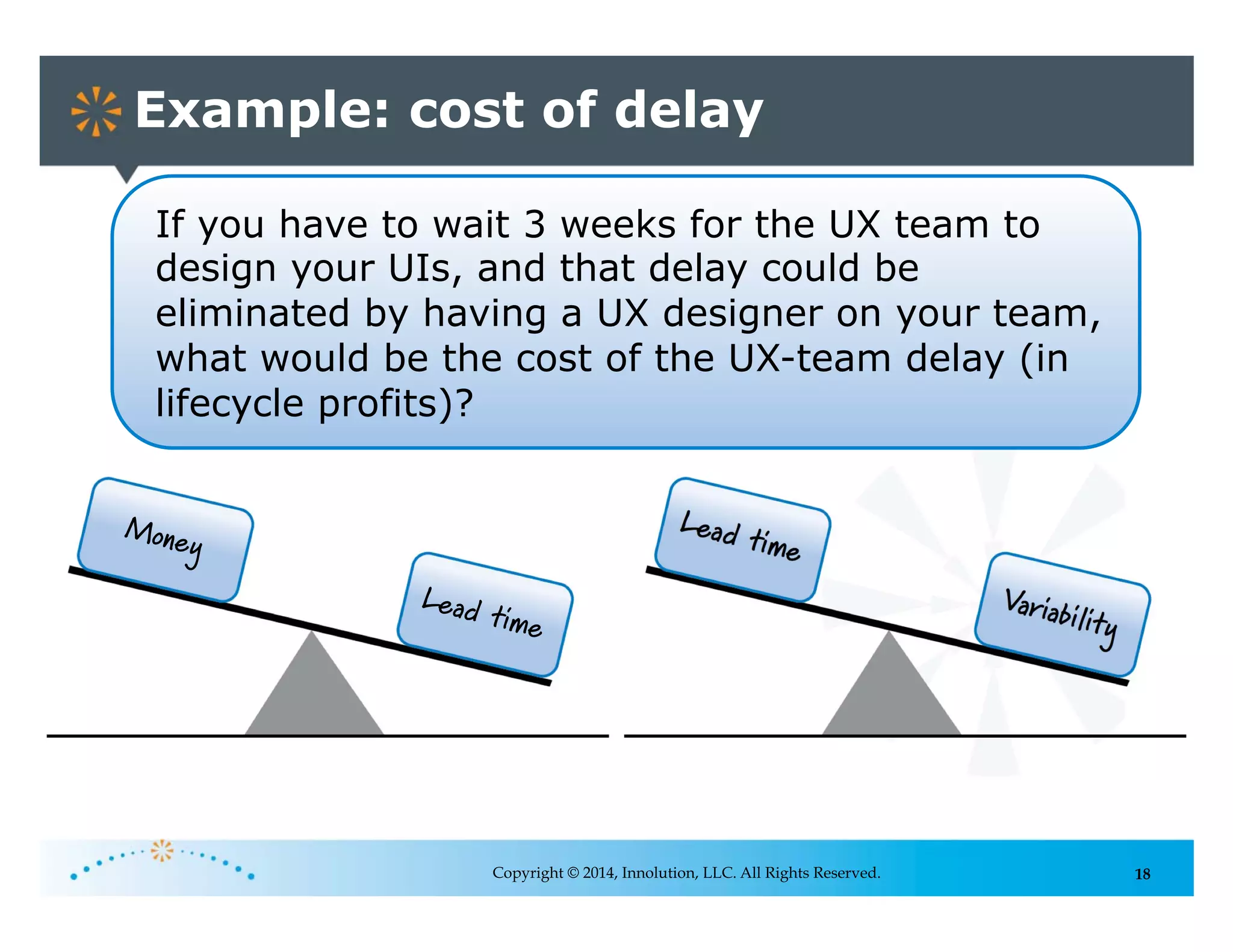 18
Example: cost of delay
Copyright © 2014, Innolution, LLC. All Rights Reserved.
Lead time
Variability
Money
Lead time
If you have to wait 3 weeks for the UX team to
design your UIs, and that delay could be
eliminated by having a UX designer on your team,
what would be the cost of the UX-team delay (in
lifecycle profits)?
 