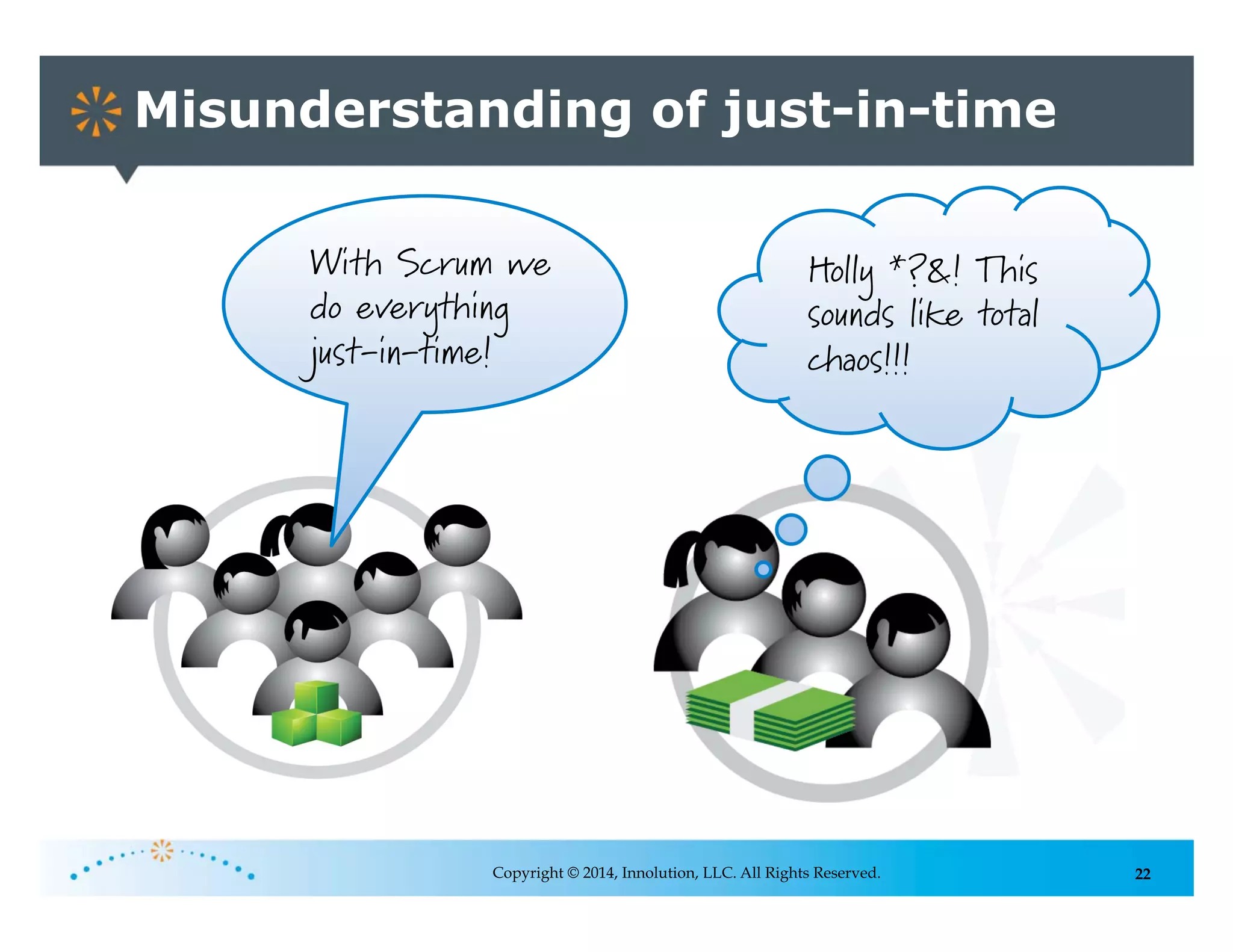 22
Misunderstanding of just-in-time
Copyright © 2014, Innolution, LLC. All Rights Reserved.
Holly *?&! This
sounds like total
chaos!!!
With Scrum we
do everything
just-in-time!
 