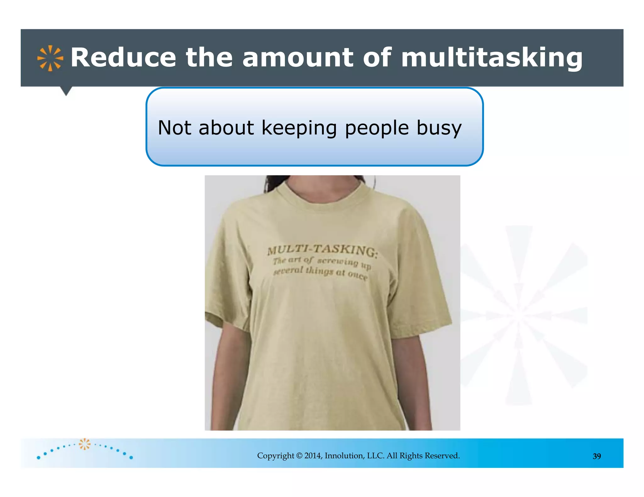 39
Reduce the amount of multitasking
Copyright © 2014, Innolution, LLC. All Rights Reserved.
Not about keeping people busy
 