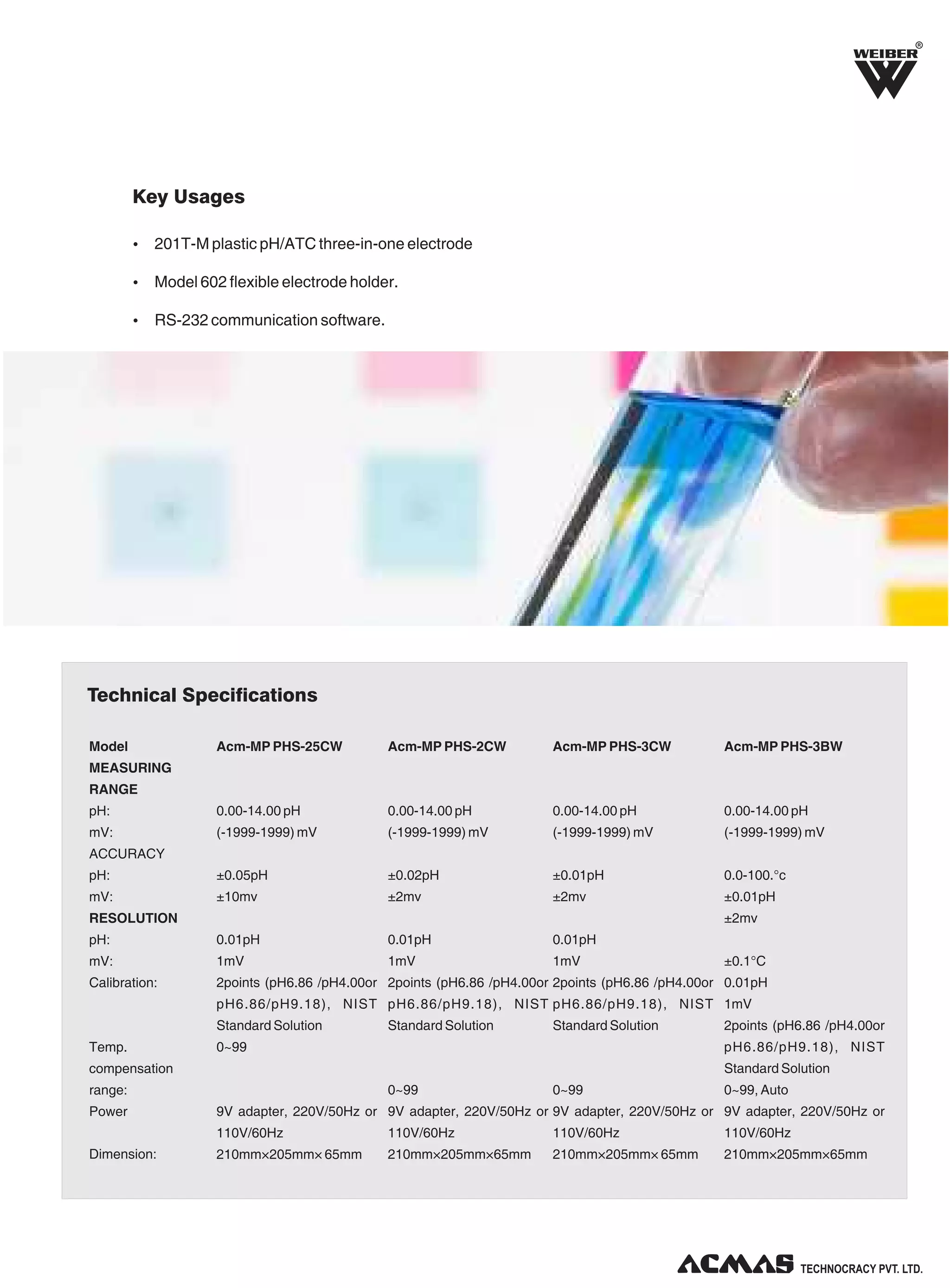 R

Key Usages
Ÿ 201T-M plastic pH/ATC three-in-one electrode
Ÿ Model 602 flexible electrode holder.
Ÿ RS-232 communication software.

Technical Specifications
Model

Acm-MP PHS-25CW

Acm-MP PHS-2CW

Acm-MP PHS-3CW

Acm-MP PHS-3BW

pH:

0.00-14.00 pH

0.00-14.00 pH

0.00-14.00 pH

0.00-14.00 pH

mV:

(-1999-1999) mV

(-1999-1999) mV

(-1999-1999) mV

(-1999-1999) mV

pH:

±0.05pH

±0.02pH

±0.01pH

0.0-100.°c

mV:

±10mv

±2mv

±2mv

±0.01pH

pH:

0.01pH

0.01pH

0.01pH

mV:

1mV

1mV

1mV

MEASURING
RANGE

ACCURACY

±2mv

RESOLUTION

Calibration:

±0.1°C

2points (pH6.86 /pH4.00or 2points (pH6.86 /pH4.00or 2points (pH6.86 /pH4.00or 0.01pH
pH6.86/pH9.18), NIST pH6.86/pH9.18), NIST pH6.86/pH9.18), NIST 1mV
Standard Solution

Temp.

Standard Solution

Standard Solution

0~99

pH6.86/pH9.18), NIST
Standard Solution

compensation
0~99

range:
Power

2points (pH6.86 /pH4.00or

0~99

0~99, Auto

9V adapter, 220V/50Hz or 9V adapter, 220V/50Hz or 9V adapter, 220V/50Hz or 9V adapter, 220V/50Hz or
110V/60Hz

Dimension:

110V/60Hz

110V/60Hz

110V/60Hz

210mm×205mm× 65mm

210mm×205mm×65mm

210mm×205mm× 65mm

210mm×205mm×65mm

TECHNOLOGIES PVT. LTD.

 