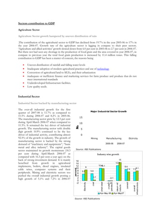Sectors contribution to GDP
Agriculture Sector
Agriculture Sector growth hampered by uneven distribution of rain
.The contribution of the agricultural sector to GDP has declined from 19.7% in the year 2005-06 to 17% in
the year 2006-07. Growth rate of the agriculture sector is lagging in compare to their peer sectors.
‘Agriculture and allied activities’ growth slowed down from 6.0 per cent in 2005-06 to 2.7 per cent in 2006-07.
But there not had seen any shortage in the production of food grain and the area covered in year 2006-07, in
compare to previous year the total food grain production is increased by 11.4 million tones. This falling
contribution to GDP has been a matter of concern, the reasons being
• Uneven distribution of rainfall and falling water levels
• Inadequate adoption of modern agricultural practices and use of technology
• Conversion of agricultural land to SEZs, and their urbanization
• inadequate or inefficient finance and marketing services for farm produce and produce that do not
meet international standards
• Underdeveloped Infrastructure facilities.
• Low quality seeds.
Industrial Sector
Industrial Sector backed by manufacturing sector
The over-all industrial growth for the first
quarter of 2007-08 is 11.7% as compared to
11.5% during 2006-07 and 8.2% in 2005-06.
The manufacturing sector grew by 12.3 per cent
during April-March 2006-07 when compared to
11.3%. It remained the key driver of industrial
growth. The manufacturing sector with double
digit growth 10.9% continued to be the key
driver of industrial activity, contributing almost
92.5% of the growth in industry. The growth of
manufacturing sector is backed by the strong
demand of “machinery and equipments”, “basic
metal and alloy industry”. The capital goods
sector maintained its growth momentum (18.3
per cent during April-March 2006-07 as
compared with 16.3 per cent a year ago) on the
back of strong investment demand. It is mainly
benefited from growth in agricultural
implements, boilers, diesel engines, insulated
cable wires, computer systems and their
peripherals. Mining and electricity sectors too
pushed the overall industrial growth posting a
high growth of 5.1% and 7.2% in 2006-07
0
5
10
15
Mining Manufacturing Elctricity
in%
Major Industrial Sector Growth
2005-06 2006-07
Source: RBI Publications
Industry wise growth
5.5 5.9
10.4
-0.3
12.6
9.4
7.2
9
0.7
10.1
-0.1
15
7.4 8.1
-2
0
2
4
6
8
10
12
14
16
Electricity
coal
Finishedsteel
crude
petroleum
petroleumref.
products
cement
overall
infrastructure
percent
Apr-May 06 Apr-May07
Source: RBI Publications
 