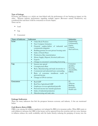Type of Linkage
Economy and Industry as a whole are inter-linked with the performance of one bearing an impact on the
other. Whereas industry performance regarding multiple aspects (Revenues earned, Productivity etc)
considered then and there could be concurrent or reverse impact.
These can be:
 Lead
 Lag
 Concurrent
Linkage Indicators
There are many indicators that link the prospects between economy and industry. A few are mentioned
below-
Cash Reserve Ratio (CRR)
CRR is one among the inflation regulatory tool adopted by RBI in its monetary policy. When RBI wants to
curb inflation it increases the CRR so that money can be squeezed from the economy and vice versa. Increase
in inflation reduces the credit availability with the banks thereby reducing the pumping of money into the
Types of Indicator Indicators Industries
Lead  Order Book Position
 New Company formation
 Financial surplus/deficit of industrial and
commercial companies
 Building permits for new private housing units
 Index of Stock Prices
 Production, Raw material prices
 Money Supply, Deposit, Inverted yield curve
 Exports
 Change in consumers' outstanding borrowing
Engineering,
Construction,
Equity,
Cement,
Steel and iron,
Lag  Interest rate spread
 Unemployment Rate
 Ratio, Manufacturing and trade inventories to
 Commercial and industrial loans outstanding
 Ratio of consumer installment credit to
personal income
 Change in CPI for services
Consumer
durables,
Housing,
Automobile,
FMCG
Concurrent  Real GDP
 Real Non-Agricultural GDP
 Employees on non-agricultural payrolls
 Personal income less transfer payments
 Index of industrial production
 Manufacturing and trade sales
IT,
Telecom
Banking,
Insurance,
Health care
 