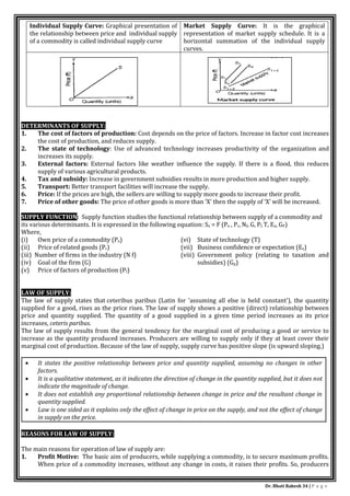Dr. Bhati Rakesh 34 | P a g e
Individual Supply Curve: Graphical presentation of
the relationship between price and individual supply
of a commodity is called individual supply curve
Market Supply Curve: It is the graphical
representation of market supply schedule. It is a
horizontal summation of the individual supply
curves.
DETERMINANTS OF SUPPLY:
1. The cost of factors of production: Cost depends on the price of factors. Increase in factor cost increases
the cost of production, and reduces supply.
2. The state of technology: Use of advanced technology increases productivity of the organization and
increases its supply.
3. External factors: External factors like weather influence the supply. If there is a flood, this reduces
supply of various agricultural products.
4. Tax and subsidy: Increase in government subsidies results in more production and higher supply.
5. Transport: Better transport facilities will increase the supply.
6. Price: If the prices are high, the sellers are willing to supply more goods to increase their profit.
7. Price of other goods: The price of other goods is more than ‘X’ then the supply of ‘X’ will be increased.
SUPPLY FUNCTION: Supply function studies the functional relationship between supply of a commodity and
its various determinants. It is expressed in the following equation: Sx = F (Px , Pr, Nf, G, Pf, T, Ex, GP)
Where,
(i) Own price of a commodity (Px)
(ii) Price of related goods (Pr)
(iii) Number of firms in the industry (N f)
(iv) Goal of the firm (G)
(v) Price of factors of production (Pf)
(vi) State of technology (T)
(vii) Business confidence or expectation (Ex)
(viii) Government policy (relating to taxation and
subsidies) (Gp)
LAW OF SUPPLY:
The law of supply states that ceteribus paribus (Latin for 'assuming all else is held constant'), the quantity
supplied for a good, rises as the price rises. The law of supply shows a positive (direct) relationship between
price and quantity supplied. The quantity of a good supplied in a given time period increases as its price
increases, ceteris paribus.
The law of supply results from the general tendency for the marginal cost of producing a good or service to
increase as the quantity produced increases. Producers are willing to supply only if they at least cover their
marginal cost of production. Because of the law of supply, supply curve has positive slope (is upward sloping.)
 It states the positive relationship between price and quantity supplied, assuming no changes in other
factors.
 It is a qualitative statement, as it indicates the direction of change in the quantity supplied, but it does not
indicate the magnitude of change.
 It does not establish any proportional relationship between change in price and the resultant change in
quantity supplied.
 Law is one sided as it explains only the effect of change in price on the supply, and not the effect of change
in supply on the price.
REASONS FOR LAW OF SUPPLY:
The main reasons for operation of law of supply are:
1. Profit Motive: The basic aim of producers, while supplying a commodity, is to secure maximum profits.
When price of a commodity increases, without any change in costs, it raises their profits. So, producers
 