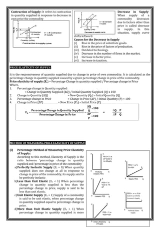 Dr. Bhati Rakesh 36 | P a g e
Contraction of Supply: It refers to contraction
in quantity supplied in response to decrease in
own price the commodity
Decrease in Supply:
When supply of a
commodity decreases
due to factors other than
price is called decrease
in supply. In this
situation, supply curve
shifts leftward.
Causes for the Decrease in Supply
(i) Rise in the price of substitute goods.
(ii) Rise in the price of factors of production.
(iii) Outdated technology.
(iv) Decrease in the number of firms in the market.
(v) Increase in factor price.
(vi) Increase in taxation.
PRICE ELASTICITY OF SUPPLY:
It is the responsiveness of quantity supplied due to change in price of own commodity. It is calculated as the
percentage change in quantity supplied caused by a given percentage change in price of the commodity.
Price elasticity of supply (Es) = Percentage Change in quantity supplied / Percentage change in Price
Where,
1. Percentage change in Quantity supplied
= Change in Quantity Supplied (∆Q) / Initial Quantity Supplied (Q) x 100
2. Change in Quantity (∆Q) = New Quantity (Q1) – Initial Quantity (Q)
3. Percentage change in Price = Change in Price (∆P) / Initial Quantity (P) × 100
4. Change in Price (∆P) = New Price (P1) – Initial Price (P)
100
P
ΔP
100
Q
ΔQ
ice
Pr
Change in
Percentage
Supplied
Quantity
Change in
Percentage
E8



 =
Q
P
P
Q



METHOD OF MEASURING PRICE ELASTICITY OF SUPPLY:
(i) Percentage Method of Measuring Price Elasticity
of Supply:
According to this method, Elasticity of Supply is the
ratio between ‘percentage change in quantity
suppliedand ‘percentage in price of the commodity
a)Perfectly Inelastic Supply (Es = 0) When quantity
supplied does not change at all in response to
change in price of the commodity, its supply said to
be perfectly inelastic
b)Less than Unit Elastic (Es < 1) When percentage
change in quantity supplied is less than the
percentage change in price, supply is said to be
less than unit elastic.
c)Unit Elastic Supply (Es = 1) Supply of a commodity
is said to be unit elastic, when percentage change
in quantity supplied equal to percentage change in
price.
d)More than Unit Elastic Supply (Es > 1) When
percentage change in quantity supplied is more
 