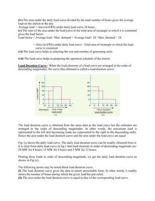 (iv) The area under the daily load curve divided by the total number of hours gives the average
load on the station in the day.
Average load = Area (in kWh) under daily load curve 24 hours
(v) The ratio of the area under the load curve to the total area of rectangle in which it is contained
gives the load factor.
Load factor = Average load / Max. demand = Average load× 24 / Max. demand × 24
= Area (in kWh) under daily load curve / Total area of rectangle in which the load
curve is contained
(vi) The load curve helps in selecting the size and number of generating units.
(vii) The load curve helps in preparing the operation schedule of the station.
Load Duration Curve : When the load elements of a load curve are arranged in the order of
descending magnitudes, the curve thus obtained is called a load duration curve.
The load duration curve is obtained from the same data as the load curve but the ordinates are
arranged in the order of descending magnitudes. In other words, the maximum load is
represented to the left and decreasing loads are represented to the right in the descending order.
Hence the area under the load duration curve and the area under the load curve are equal.
Fig. (i) shows the daily load curve. The daily load duration curve can be readily obtained from it.
It is clear from daily load curve in fig.1 that load elements in order of descending magnitude are:
20 MW for 8 hours; 15 MW for 4 hours and 5 MW for 12 hours.
Plotting these loads in order of descending magnitude, we get the daily load duration curve as
shown in Fig (ii).
The following points may be noted about load duration curve :
(i) The load duration curve gives the data in amore presentable form. In other words, it readily
shows the number of hours during which the given load has prevailed.
(ii) The area under the load duration curve is equal to that of the corresponding load curve.
 