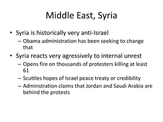 Middle East, Syria
• Syria is historically very anti-Israel
   – Obama administration has been seeking to change
     that
• Syria reacts very agressively to internal unrest
   – Opens fire on thousands of protesters killing at least
     61
   – Scuttles hopes of Israel peace treaty or credibility
   – Adminstration claims that Jordan and Saudi Arabia are
     behind the protests
 