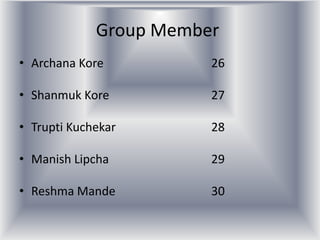 Group Member
• Archana Kore          26

• Shanmuk Kore          27

• Trupti Kuchekar       28

• Manish Lipcha         29

• Reshma Mande          30
 