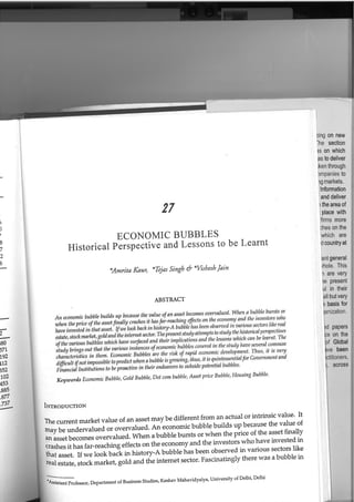 Economic Bubbles: Historical Perspective and Lessons to be Learnt