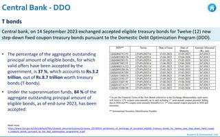 Research & Development Unit
Central Bank - DDO
Central bank, on 14 September 2023 exchanged accepted eligible treasury bonds for Twelve (12) new
step-down fixed coupon treasury bonds pursuant to the Domestic Debt Optimization Program (DDO).
• The percentage of the aggregate outstanding
principal amount of eligible bonds, for which
valid offers have been accepted by the
government, is 37 %, which accounts to Rs.3.2
trillion, out of Rs.8.7 trillion worth treasury
bonds (T-bonds).
• Under the superannuation funds, 84 % of the
aggregate outstanding principal amount of
eligible bonds, as of end-June 2023, has been
accepted.
Read more:
https://www.cbsl.gov.lk/sites/default/files/cbslweb_documents/press/pr/press_20230914_settlement_of_exchange_of_accepted_eligible_treasury_bonds_for_twelve_new_step_down_fixed_coupo
n_treasury_bonds_pursuant_to_the_dod_optimisation_programme_e.pdf
T bonds
 