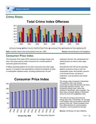 Volume 4, Issue 01




Crime Rates
                                              Total Crime Index Offenses
               60.0
               50.0
               40.0
               30.0
               20.0
               10.0
                 0.0
                              2002            2003              2004              2005                2006     2007        2008       2009

         County Average               Miami County Sheriff               Paola Police           Louisburg Police      Osawatomie Police   Spring Hill

Note: Includes violent crime and property crime per 1,000                                                          Source: Kansas Bureau of Investigation
Consumer Price Index
Consumer Price Index
The Consumer Price Index (CPI) measures the average change over                                                employed, the poor, the unemployed and
time in the prices paid by urban consumers for a market basket of                                              retired persons as well as urban wage
consumer goods and services.                                                                                   earners.

It reflects spending patterns for all urban consumers and urban wage                                           Excluded from the CPI are the spending
earners. It is based on the expenditures of almost all residents of urban                                      patterns of persons living in rural non-
or metropolitan statistical areas, including professionals, the self-                                          metropolitan areas, farm families, persons
                                                                                                               in the Armed Forces, and those in
                                                                                                               institutions, such as prisons and mental
                                                                                                               hospitals.
                 Consumer Price Index                                                                          The energy index increased in December.
250                                                                                                            The gasoline index rose sharply
                                                                                                               accounting for about 80 percent of all items
                                                                                                               seasonally adjusted increase. The
200                                                                                                            household energy index, which had
                                                                                                               declined in November, also increased. The
                                                                                                               food index increased slightly in December
150                                                                                                            led by the fruits and vegetables index.

100                                                                                                            The index for all items less food and
                                                                                                               energy also rose in December. An increase
                                                                                                               in the shelter index accounted for about 60
 50                                                                                                            percent of the rise. These increases more
                                                                                                               than offset declines for communication,
                                                                                                               recreation, and household furnishings.
  0
          8

                  9

                          0

                                  1

                                          2

                                                  3

                                                          4

                                                                  5

                                                                          6

                                                                                  7

                                                                                          8

                                                                                                  9

                                                                                                           0
      19 9

              19 9

                      20 0

                              20 0

                                      20 0

                                              20 0

                                                      20 0

                                                              20 0

                                                                      20 0

                                                                              20 0

                                                                                      20 0

                                                                                              20 0

                                                                                                       20 1




                                                                                                               Source: US Bureau of Labor Statistics


                         Kansas City, MSA                             Not Seasonally Adjusted                                                    Page 5
 