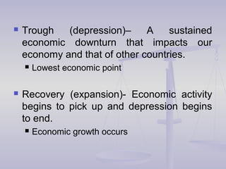  Trough (depression)– A sustained
economic downturn that impacts our
economy and that of other countries.
 Lowest economic point
 Recovery (expansion)- Economic activity
begins to pick up and depression begins
to end.
 Economic growth occurs
 