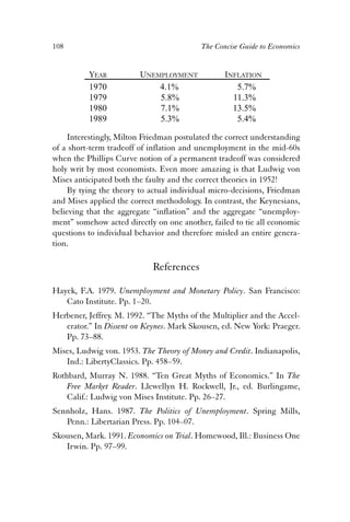 108 The Concise Guide to Economics 
YEAR UNEMPLOYMENT INFLATION 
1970 4.1% 5.7% 
1979 5.8% 11.3% 
1980 7.1% 13.5% 
1989 5.3% 5.4% 
Interestingly, Milton Friedman postulated the correct understanding 
of a short-term tradeoff of inflation and unemployment in the mid-60s 
when the Phillips Curve notion of a permanent tradeoff was considered 
holy writ by most economists. Even more amazing is that Ludwig von 
Mises anticipated both the faulty and the correct theories in 1952! 
By tying the theory to actual individual micro-decisions, Friedman 
and Mises applied the correct methodology. In contrast, the Keynesians, 
believing that the aggregate “inflation” and the aggregate “unemploy-ment” 
somehow acted directly on one another, failed to tie all economic 
questions to individual behavior and therefore misled an entire genera-tion. 
References 
Hayek, F.A. 1979. Unemployment and Monetary Policy. San Francisco: 
Cato Institute. Pp. 1–20. 
Herbener, Jeffrey. M. 1992. “The Myths of the Multiplier and the Accel-erator.” 
In Dissent on Keynes. Mark Skousen, ed. New York: Praeger. 
Pp. 73–88. 
Mises, Ludwig von. 1953. The Theory of Money and Credit. Indianapolis, 
Ind.: LibertyClassics. Pp. 458–59. 
Rothbard, Murray N. 1988. “Ten Great Myths of Economics.” In The 
Free Market Reader. Llewellyn H. Rockwell, Jr., ed. Burlingame, 
Calif.: Ludwig von Mises Institute. Pp. 26–27. 
Sennholz, Hans. 1987. The Politics of Unemployment. Spring Mills, 
Penn.: Libertarian Press. Pp. 104–07. 
Skousen, Mark. 1991. Economics on Trial. Homewood, Ill.: Business One 
Irwin. Pp. 97–99. 
 