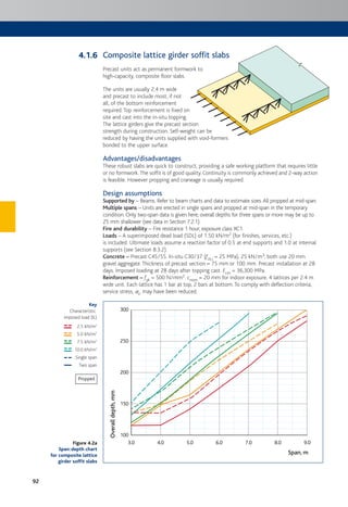 92
Composite lattice girder soffit slabs
Precast units act as permanent formwork to
high-capacity, composite floor slabs.
The units are usually 2.4 m wide
and precast to include most, if not
all, of the bottom reinforcement
required. Top reinforcement is fixed on
site and cast into the in-situ topping.
The lattice girders give the precast section
strength during construction. Self-weight can be
reduced by having the units supplied with void-formers
bonded to the upper surface.
Advantages/disadvantages
These robust slabs are quick to construct, providing a safe working platform that requires little
or no formwork.The soffit is of good quality.Continuity is commonly achieved and 2-way action
is feasible. However propping and craneage is usually required.
Design assumptions
Supported by – Beams. Refer to beam charts and data to estimate sizes. All propped at mid-span.
Multiple spans – Units are erected in single spans and propped at mid-span in the temporary
condition. Only two-span data is given here; overall depths for three spans or more may be up to
25 mm shallower (see data in Section 7.2.1).
Fire and durability – Fire resistance 1 hour; exposure class XC1.
Loads – A superimposed dead load (SDL) of 1.50 kN/m2 (for finishes, services, etc.)
is included. Ultimate loads assume a reaction factor of 0.5 at end supports and 1.0 at internal
supports (see Section 8.3.2).
Concrete – Precast C45/55. In-situ C30/37 (fck,i = 25 MPa), 25 kN/m3, both use 20 mm
gravel aggregate. Thickness of precast section = 75 mm or 100 mm. Precast installation at 28
days. Imposed loading at 28 days after topping cast. Ecm = 36,300 MPa.
Reinforcement – fyk = 500 N/mm2. cnom = 20 mm for indoor exposure. 4 lattices per 2.4 m
wide unit. Each lattice has 1 bar at top, 2 bars at bottom. To comply with deflection criteria,
service stress, ss, may have been reduced.
Figure 4.2a
Span:depth chart
for composite lattice
girder soffit slabs
Key
Characteristic
imposed load (IL)
2.5 kN/m2
5.0 kN/m2
7.5 kN/m2
10.0 kN/m2
Single span
Two span
Propped
100
150
200
250
300
Overalldepth,mm
3.0 4.0 5.0 6.0 7.0 8.0 9.0
Span, m
4.1.6
 