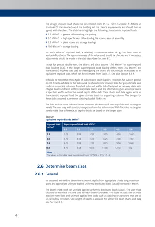 10
The design imposed load should be determined from BS EN 1991, Eurocode 1: Actions on
structures [6], the intended use of the building and the client’s requirements, and should then be
agreed with the client. The slab charts highlight the following characteristic imposed loads:
2.5 kN/m■ 2 – general office loading, car parking.
5.0 kN/m■ 2 – high specification office loading, file rooms, areas of assembly.
7.5 kN/m■ 2 – plant rooms and storage loadings.
10.0 kN/m■ 2 – storage loading.
For each value of imposed load, a relatively conservative value of c2 has been used in
serviceability checks.The appropriateness of the value used should be checked and if necessary,
adjustments should be made to the slab depth (see Section 8.1).
Except for precast double-tees, the charts and data assume 1.50 kN/m2 for superimposed
dead loading (SDL). If the design superimposed dead loading differs from 1.50 kN/m2, the
characteristic imposed load used for interrogating the charts and data should be adjusted to an
equivalent imposed load, which can be estimated from Table 2.1. See also Section 8.2.4.
It should be noted that most types of slabs require beam support. However, flat slabs in general
do not. Charts and data for flat slabs work on characteristic imposed load but give ultimate axial
loads to supporting columns. Troughed slabs and waffle slabs (designed as two-way slabs with
integral beams and level soffits) incorporate beams and the information given assumes beams
of specified widths within the overall depth of the slab. These charts and data, again, work on
characteristic imposed load, but give ultimate loads to supporting columns. The designs for
these slabs assumed a perimeter cladding load of 10 kN/m.
The data include some information on economic thicknesses of two-way slabs with rectangular
panels.The user may, with caution, interpolate from this information.With flat slabs, rectangular
panels make little difference, so depths should be based on the longer span.
Table 2.1
Equivalent imposed loads, kN/m2
Imposed load
kN/m2
Superimposed dead load kN/m2
0.0 1.0 2.0 3.0 4.0 5.0
2.5 1.25 2.08 2.92 3.75 4.58 5.42
5.0 3.75 4.58 5.42 6.25 7.08 7.92
7.5 6.25 7.08 7.92 8.75 9.58 10.40
10.0 8.75 9.58 10.40 11.30 12.10 n/a
Note
The values in this table have been derived from 1.25(SDL – 1.5)/1.5 + IL
Determine beam sizes
General
For assumed web widths, determine economic depths from appropriate charts using maximum
spans and appropriate ultimate applied uniformly distributed loads (uaudl) expressed in kN/m.
The beam charts work on ultimate applied uniformly distributed loads (uaudl). The user must
calculate or estimate this line load for each beam considered. This load includes the ultimate
reaction from slabs and ultimate applied line loads such as cladding or partitions that are to
be carried by the beam. Self-weight of beams is allowed for within the beam charts and data
(see Section 8.3).
2.6
2.6.1
 