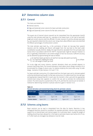 12
Determine column sizes
General
The charts are divided into:
Internal columns.■
Edge and (external) corner columns for beam-and-slab construction.■
Edge and (external) corner columns for flat slab construction.■
The square size of internal column required can be interpolated from the appropriate chart(s)
using the total ultimate axial load, NEd, typically at the lowest level. In the case of perimeter
(edge and corner) columns, both the ultimate 1st order moment, M, and the ultimate axial load,
NEd, are required to determine the column size. Sizing charts allow different sizes to be identified
for different percentages of reinforcement content.
The total ultimate axial load, NEd, is the summation of beam (or two-way floor system)
reactions and the cladding and column self-weight from the top level to the level under
consideration (usually bottom). Ideally, this load should be calculated from first principles (see
Section 8.4). In accordance with BS EN 1991[6], imposed loads might be reduced. However, to
do so is generally unwarranted in pre-scheme designs of low-rise structures. Sufficient accuracy
can be obtained by approximating the load as follows:
⎛ ult. load from beams per level or ult. load from two-way slab systems per level⎞
NEd = ⎜ + ult. load from cladding per storey ⎟ x no.of floors
⎝ + ult. self-weight of beam per level ⎠
For in-situ edge and corner columns, moment derivation charts are provided adjacent to
moment:load sizing charts.The moment derivation charts allow column design moments, M, to
be estimated for a range of column sizes. For relative simplicity the charts work using 1st order
design moments, M, (see Sections 3.3.2 and 7.1.5).
For beam-and-slab construction, M is determined from the beam span and its ultimate applied
uniformly distributed load (uaudl). For flat slab construction, M is determined from the slab span
and appropriate imposed load (IL). In each case, the moment is then used with the appropriate
moment:load sizing chart opposite to confirm the size and to estimate the reinforcement
content.The charts assume a quoted ratio of My to Mz and that the columns are not slender. A
method for determining moments in precast columns is given in Section 4.3.3.
Table 2.2
Moment derivation and moment:load sizing charts for perimeter columns
Column type Beam-and-slab construction Flat slab construction
Moment Sizing Moment Sizing
Edge column Figure 3.37 Figure 3.38 Figure 3.41 Figure 3.42
Corner column Figure 3.39 Figure 3.40 Figure 3.43 Figure 3.44
Schemes using beams
Beam reactions can be read or interpolated from the data for beams. Reactions in two
orthogonal directions should be considered, for example perimeter columns may provide end
support for an internal beam and internal support for a perimeter beam. Usually the weight of
cladding should have been allowed for in the loads on perimeter beams (see Section 8.3). If not,
or if other loads are envisaged, due allowance must be made.
2.7
2.7.1
2.7.2
 