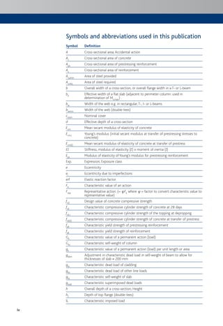 iv
Symbols and abbreviations used in this publication
Symbol Definition
A Cross-sectional area; Accidental action
Ac Cross-sectional area of concrete
Aps Cross-sectional area of prestressing reinforcement
As Cross-sectional area of reinforcement
As,prov Area of steel provided
As,req Area of steel required
b Overall width of a cross-section, or overall flange width in a T- or L-beam
be Effective width of a flat slab (adjacent to perimeter column: used in
determination of Mt,max)
bw Width of the web e.g. in rectangular, T-, I- or L-beams
bwmin Width of the web (double-tees)
cnom Nominal cover
d Effective depth of a cross-section
Ecm Mean secant modulus of elasticity of concrete
Ecm,i Young’s modulus (initial secant modulus at transfer of prestressing stresses to
concrete)
Ecm(t) Mean secant modulus of elasticity of concrete at transfer of prestress
EI Stiffness, modulus of elasticity (E) x moment of inertia (I)
Eps Modulus of elasticity of Young’s modulus for prestressing reinforcement
Exp. Expression; Exposure class
e Eccentricity
ei Eccentricity due to imperfections
erf Elastic reaction factor
Fk Characteristic value of an action
Frep Representative action. (= cFk where c = factor to convert characteristic value to
representative value)
fcd Design value of concrete compressive strength
fck Characteristic compressive cylinder strength of concrete at 28 days
fck,i Characteristic compressive cylinder strength of the topping at depropping
fck(t) Characteristic compressive cylinder strength of concrete at transfer of prestress
fpk Characteristic yield strength of prestressing reinforcement
fyk Characteristic yield strength of reinforcement
Gk Characteristic value of a permanent action (load)
Gkc Characteristic self-weight of column
gk Characteristic value of a permanent action (load) per unit length or area
gkbm Adjustment in characteristic dead load in self-weight of beam to allow for
thicknesses of slab ≠ 200 mm
gkc Characteristic dead load of cladding
gko Characteristic dead load of other line loads
gks Characteristic self-weight of slab
gksdl Characteristic superimposed dead loads
h Overall depth of a cross-section; Height
hf Depth of top flange (double-tees)
IL Characteristic imposed load
 