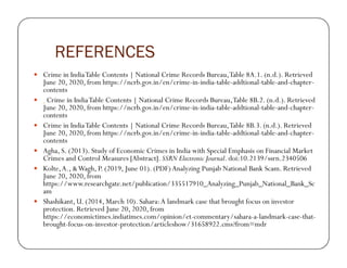 REFERENCES
Crime in IndiaTable Contents | National Crime Records Bureau,Table 8A.1. (n.d.). Retrieved
June 20, 2020, from https://ncrb.gov.in/en/crime-in-india-table-addtional-table-and-chapter-
contents
Crime in IndiaTable Contents | National Crime Records Bureau,Table 8B.2. (n.d.). Retrieved
June 20, 2020, from https://ncrb.gov.in/en/crime-in-india-table-addtional-table-and-chapter-
contents
Crime in IndiaTable Contents | National Crime Records Bureau,Table 8B.3. (n.d.). Retrieved
June 20, 2020, from https://ncrb.gov.in/en/crime-in-india-table-addtional-table-and-chapter-June 20, 2020, from https://ncrb.gov.in/en/crime-in-india-table-addtional-table-and-chapter-
contents
Agha, S. (2013). Study of Economic Crimes in India with Special Emphasis on Financial Market
Crimes and Control Measures [Abstract]. SSRN Electronic Journal. doi:10.2139/ssrn.2340506
Kolte,A., &Wagh, P. (2019, June 01). (PDF)Analyzing Punjab National Bank Scam. Retrieved
June 20, 2020, from
https://www.researchgate.net/publication/335517910_Analyzing_Punjab_National_Bank_Sc
am
Shashikant, U. (2014, March 10). Sahara:A landmark case that brought focus on investor
protection. Retrieved June 20, 2020, from
https://economictimes.indiatimes.com/opinion/et-commentary/sahara-a-landmark-case-that-
brought-focus-on-investor-protection/articleshow/31658922.cms?from=mdr
 