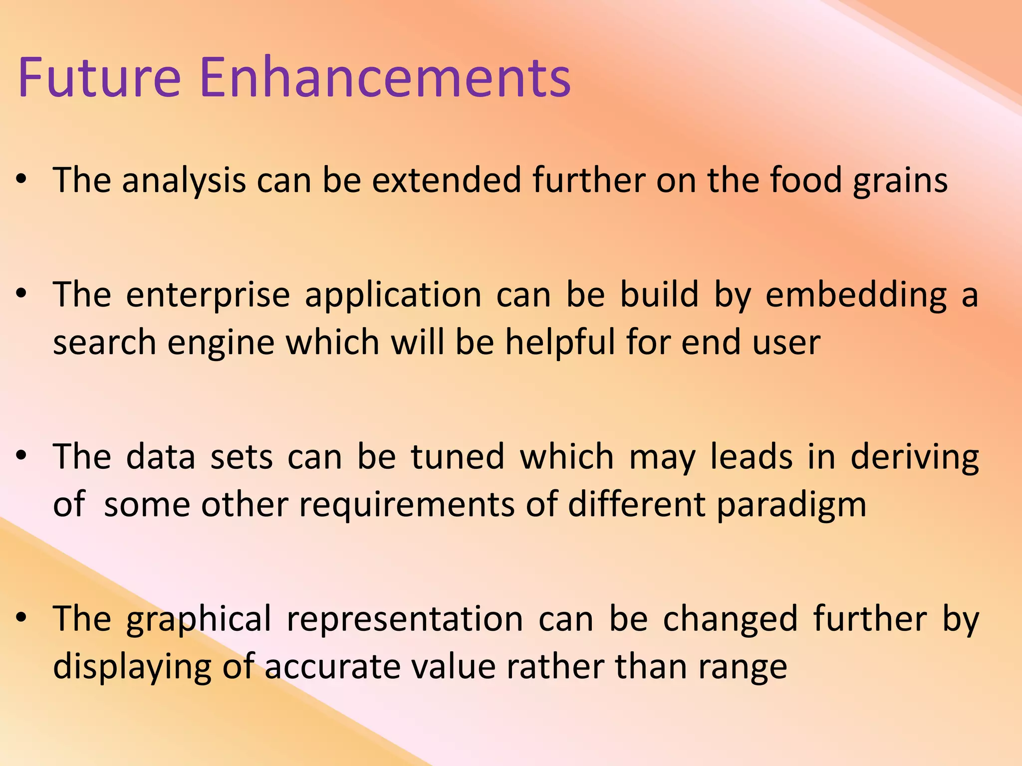 Future Enhancements
• The analysis can be extended further on the food grains
• The enterprise application can be build by embedding a
search engine which will be helpful for end user
• The data sets can be tuned which may leads in deriving
of some other requirements of different paradigm
• The graphical representation can be changed further by
displaying of accurate value rather than range
 