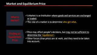 Market	and	Equilibrium	Price
What is
Market?
Finding an
Equilibrium
Price
üAMarket is an Institution where goods and services are exchanged
or traded.
üThe role ofa market is to determine who get what.
üPrice may affect people’s decisions, but may not be sufficient to
determine the ‘equilibrium’.
üOther forces (than price) are at work, and they need to be taken
into account.
 
