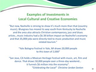 Examples of Investments in
         Local Cultural and Creative Economies
“But now, Nashville is striving to show it’s much more than that (country
 music). Bluegrass has moved its way south from Kentucky to Nashville
     and the area also attracts Christian contemporary, jazz and blues
artists…music industry had a $6.38 billion impact on Nashville’s economy
 and that 35,000 jobs were directly tied to music production and music
                             related tourism.”

         “Yale Bologna Festival in Yale, MI draws 20,000 people
                         to this town of 2,000”

“San Jose, CA holds a Mexican Heritage Festival with music, art, film and
     dance. That draws 50,000 people over a three-day weekend…
                it funnels $6 million into the economy”.
                      “Celebrating the Local” Christine Jordan Sexton       10
 