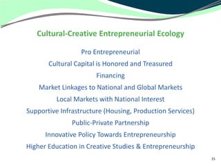Cultural-Creative Entrepreneurial Ecology

                  Pro Entrepreneurial
       Cultural Capital is Honored and Treasured
                       Financing
    Market Linkages to National and Global Markets
          Local Markets with National Interest
Supportive Infrastructure (Housing, Production Services)
               Public-Private Partnership
      Innovative Policy Towards Entrepreneurship
Higher Education in Creative Studies & Entrepreneurship
                                                           15
 