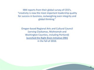 IBM reports from their global survey of CEO’s,
“creativity is now the most important leadership quality
for success in business, outweighing even integrity and
                     global thinking.”


   Oregon-based Regional Arts and Cultural Council
         (serving Clackamas, Multnomah and
      Washington Counties, including Portland)
       launched the Right Brain Initiative (RBI)
                  in the fall of 2010.




                                                           29
 