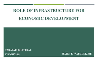 ROLE OF INFRASTRUCTURE FOR
ECONOMIC DEVELOPMENT
TARAPATI BHATTRAI
074/MSIM/18 DATE : 13TH AUGUST, 2017
 