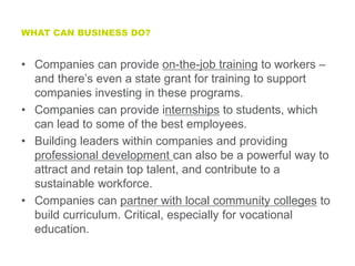 WHAT CAN BUSINESS DO?


• Companies can provide on-the-job training to workers –
  and there’s even a state grant for training to support
  companies investing in these programs.
• Companies can provide internships to students, which
  can lead to some of the best employees.
• Building leaders within companies and providing
  professional development can also be a powerful way to
  attract and retain top talent, and contribute to a
  sustainable workforce.
• Companies can partner with local community colleges to
  build curriculum. Critical, especially for vocational
  education.
 