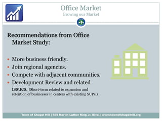 Office MarketGrowing our MarketRecommendations from Office Market Study:More business friendly.Join regional agencies.Compete with adjacent communities.Development Review and related issues. (Short-term related to expansion and retention of businesses in centers with existing SUPs.) 
