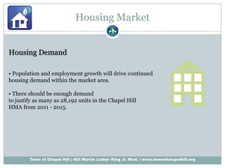 Housing MarketHousing Demand• Population and employment growth will drive continuedhousing demand within the market area.• There should be enough demandto justify as many as 28,192 units in the Chapel HillHMA from 2011 - 2015. 