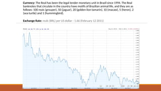 Currency: The Real has been the legal tender monetary unit in Brazil since 1994. The Real
banknotes that circulate in the country have motifs of Brazilian animal life, and they are as
follows: 100 reais (grouper), 50 (jaguar), 20 (golden lion tamarin), 10 (macaw), 5 (heron), 2
(sea turtle) and 1 (hummingbird).
Exchange Rate: reals (BRL) per US dollar - 1.66 (February 12 2011)
 