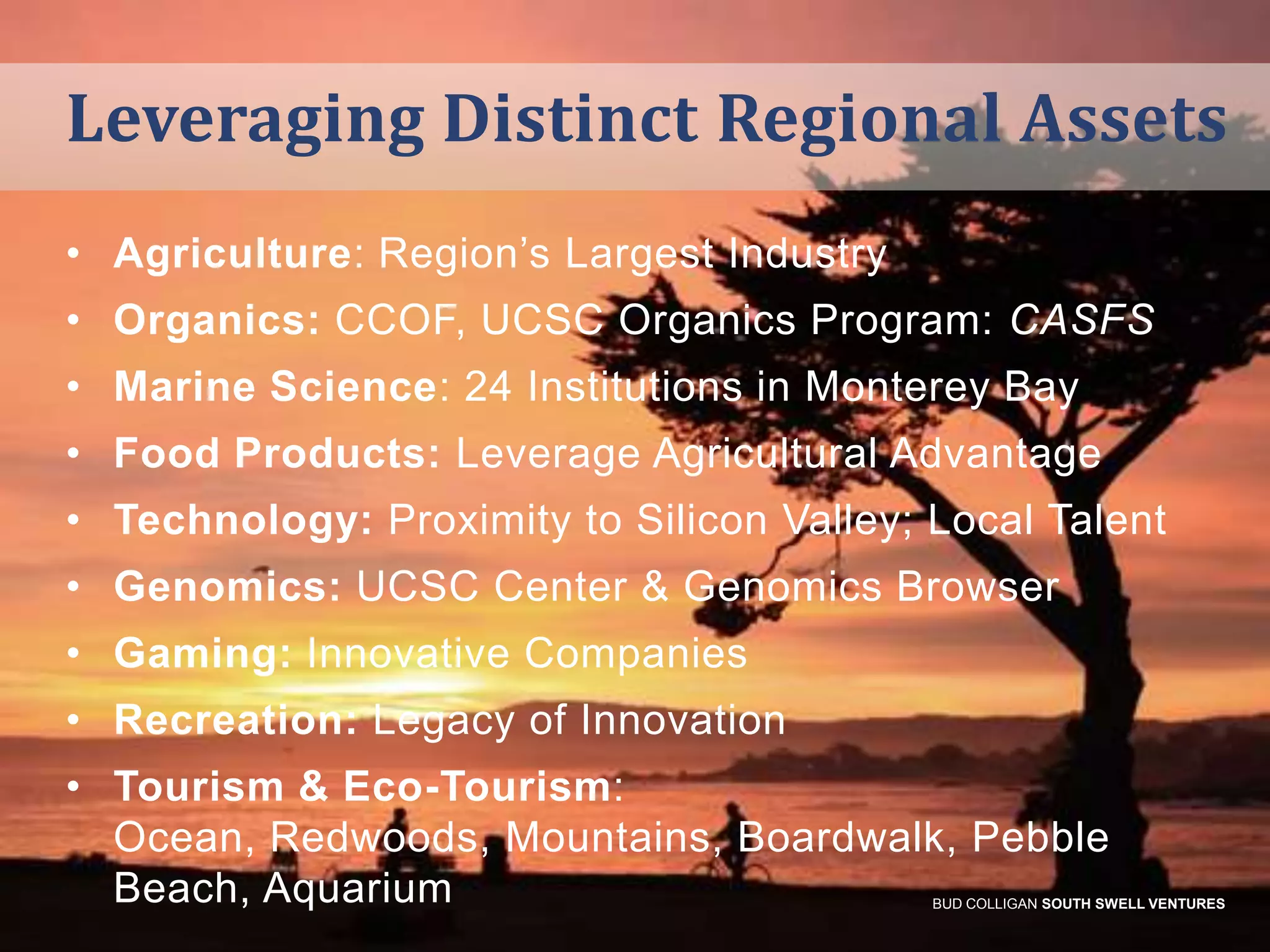 Leveraging Distinct Regional Assets
• Agriculture: Region’s Largest Industry
• Organics: CCOF, UCSC Organics Program: CASFS
• Marine Science: 24 Institutions in Monterey Bay

• Food Products: Leverage Agricultural Advantage
• Technology: Proximity to Silicon Valley; Local Talent
• Genomics: UCSC Center & Genomics Browser
• Gaming: Innovative Companies
• Recreation: Legacy of Innovation
• Tourism & Eco-Tourism:
Ocean, Redwoods, Mountains, Boardwalk, Pebble
Beach, Aquarium

BUD COLLIGAN SOUTH SWELL VENTURES

 