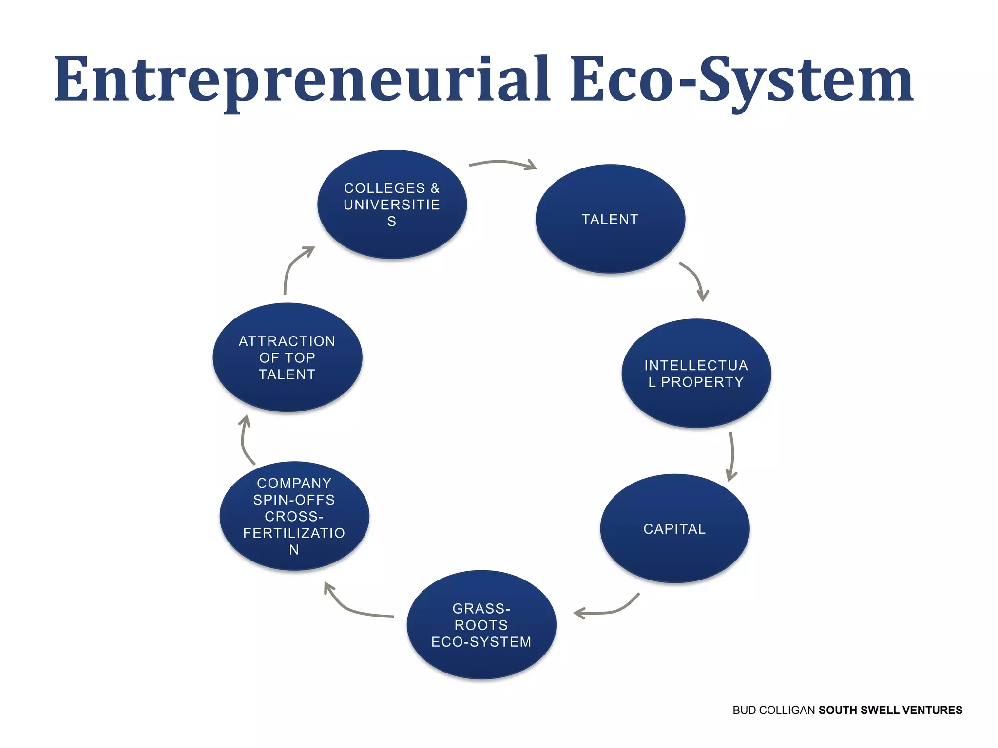 Entrepreneurial Eco-System
COLLEGES &
UNIVERSITIE
S

ATTRACTION
OF TOP
TALENT

TALENT

INTELLECTUA
L PROPERTY

COMPANY
SPIN-OFFS
CROSSFERTILIZATIO
N

CAPITAL

GRASSROOTS
ECO-SYSTEM

BUD COLLIGAN SOUTH SWELL VENTURES

 