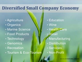 Diversified Small Company Economy
• Agriculture

• Education

• Organics

• Wine

• Marine Science

• Health Care

• Food Products

• Retail

• Technology

• Manufacturing

• Genomics

• Distribution

• Recreation

• Services

• Tourism & Eco-Tourism

• Non-Profit
BUD COLLIGAN SOUTH SWELL VENTURES

 