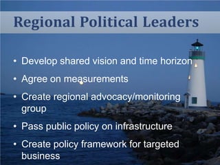 Regional Political Leaders
• Develop shared vision and time horizon

• Agree on measurements
• Create regional advocacy/monitoring
group
• Pass public policy on infrastructure
• Create policy framework for targeted
business

 