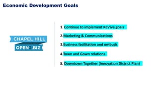 1. Continue to implement ReVive goals
2.Marketing & Communications
3.Business facilitation and ombuds
4.Town and Gown relations
5. Downtown Together (Innovation District Plan)
Economic Development Goals
 