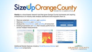 SizeUp is a cloud-based research tool that gives Orange County businesses and aspiring
entrepreneurs an industry data analysis dashboard that empowers them to:
• Discover potential customers and suppliers
• Optimize advertising and marketing
• Analyze the characteristics and spending of consumers
• Existing businesses can rank their industry performance
across multiple measurements
Additional SizeUp features include a Small Business Advisor and
Shop Local components.
 