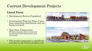 Lloyd Farm
• Development Review Completed
• Construction Plans for Phase I have
been submitted, distributed, and are
being reviewed
• Next Step: Construction
(Project on pause due to economic
uncertainty and construction cost
increases)
• This project represents a significant
increase in the Town’s property tax
Current Development Projects
 